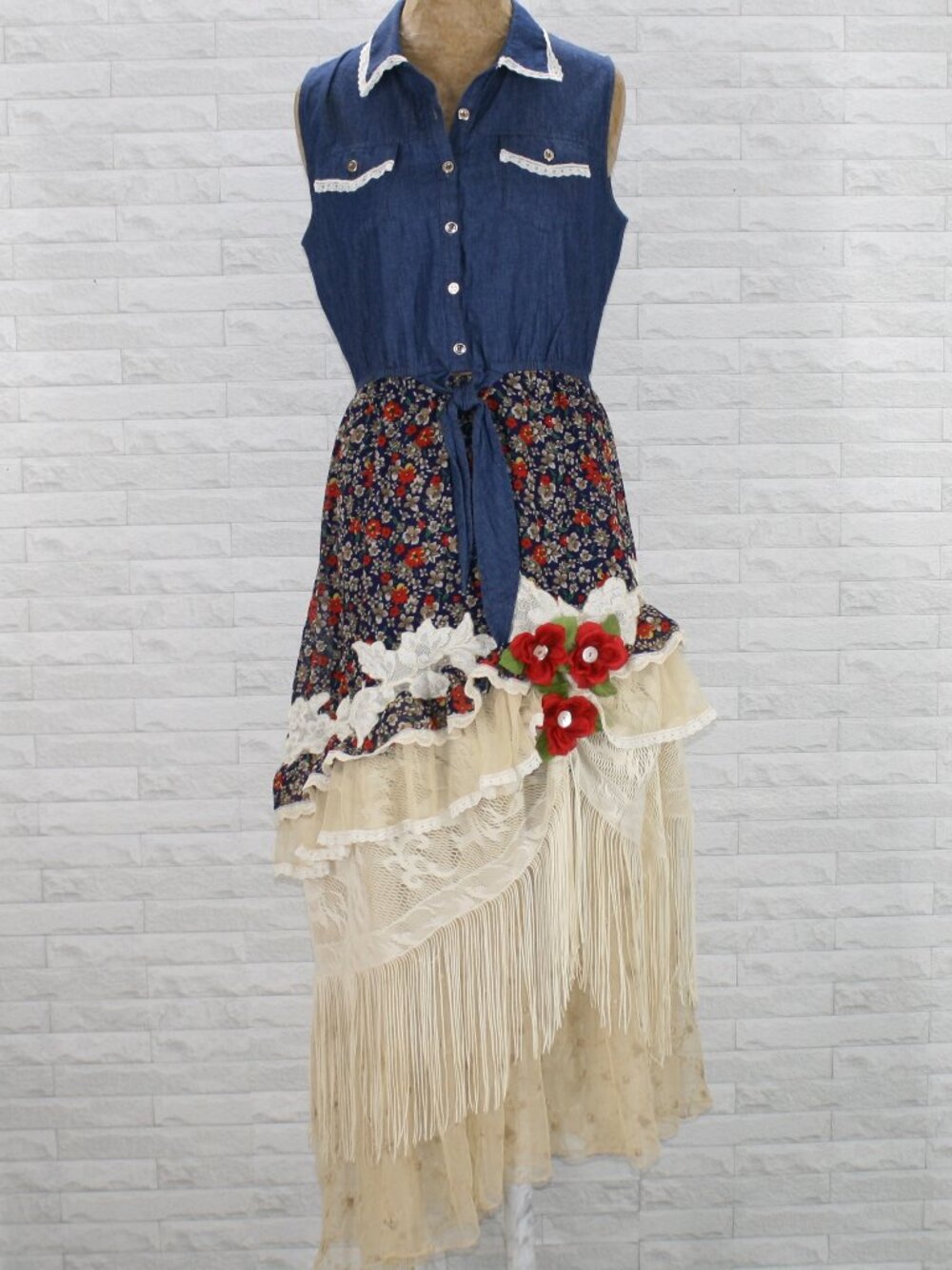 HAND CRAFTED Upcycled Dress Denim Floral Coastal Cowgirl Frine Lace Blue Cream M